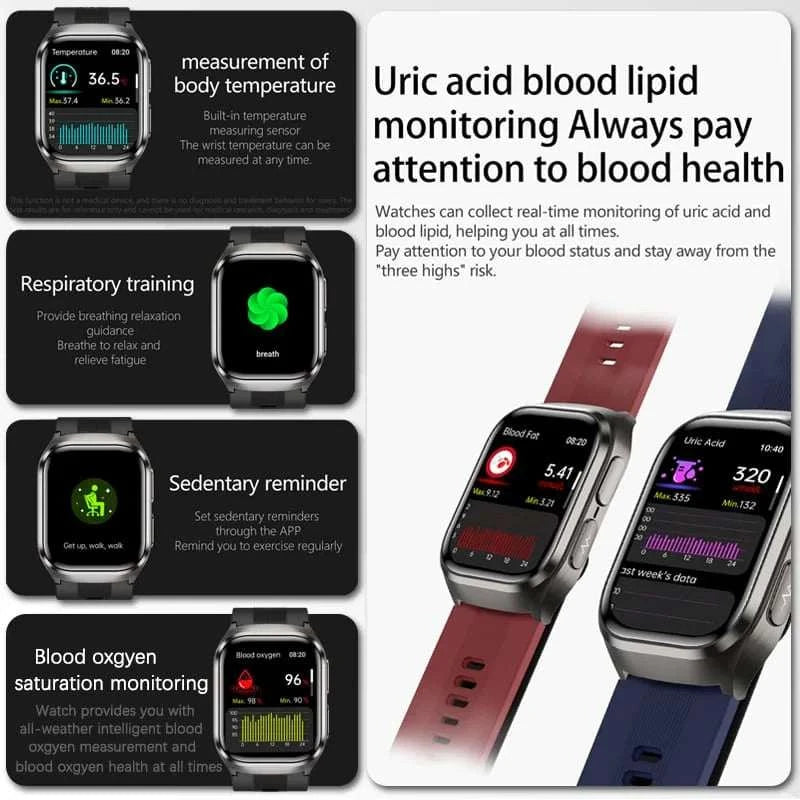 2025 New Nursing Level Health Airbag SmartWatch Men Uric Acid Blood Pressure Sport Watches IP68 Waterproof Smart Watches For Men