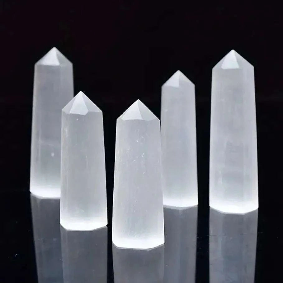 Natural Crystal Selenite Quartz Crystal Point Hexagonal Prisms Obelisk Wand Stone Smooth Polished Surface Home Decor
