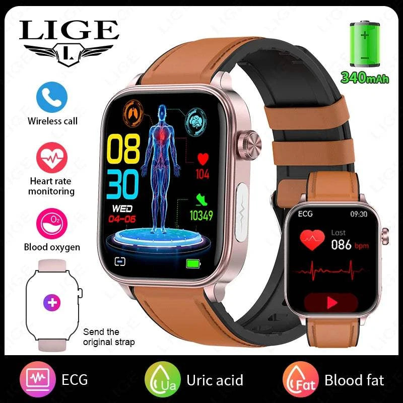 LIGE ECG+PPG Smart Watch Women Blood Lipid Uric Acid AI Diagnostic Detector Body Temperature Female Menstrual Health Tracker New