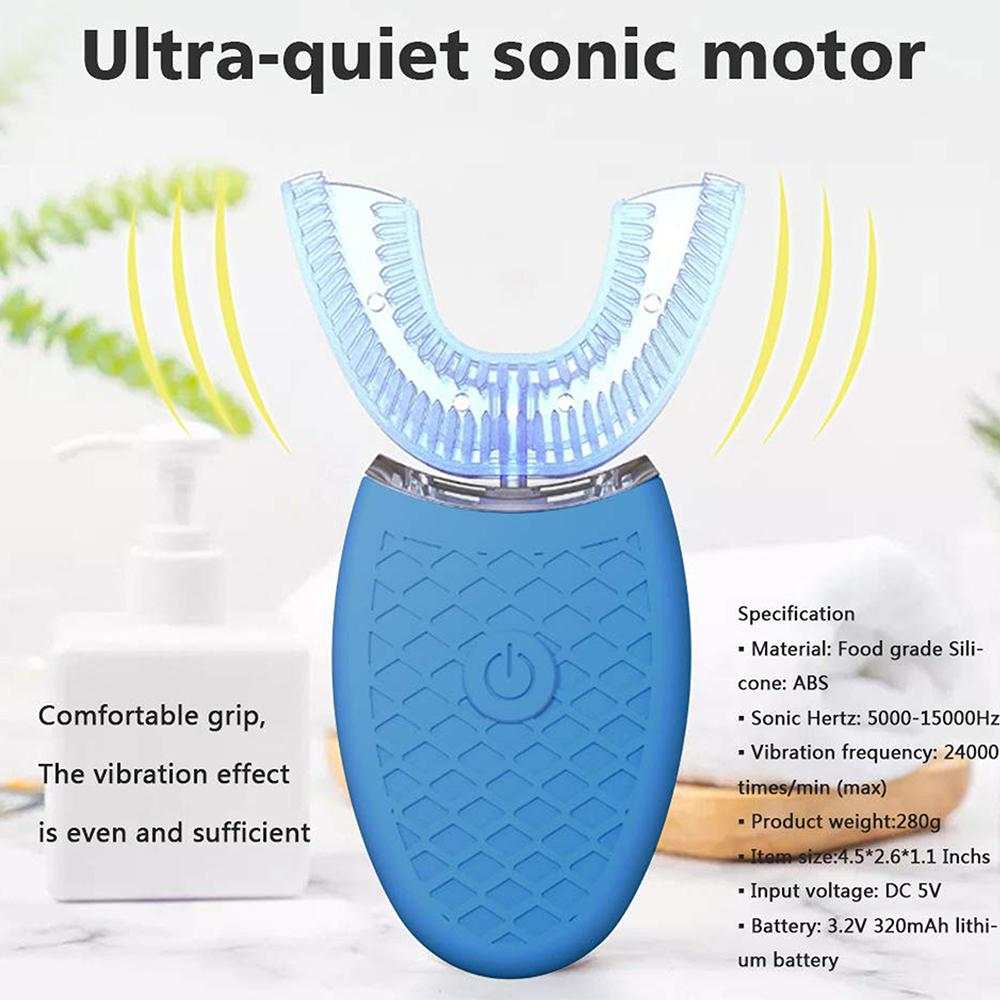 U-shaped electric toothbrush with sonic motor, blue food-grade silicone, automatic whitening.