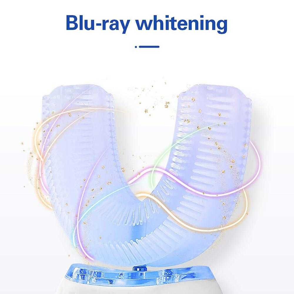 U-shaped toothbrush with blu-ray whitening technology for adults, featuring soft silicone material and automatic 360° cleaning.