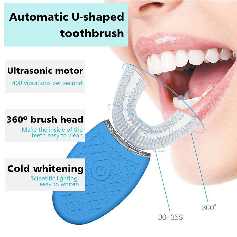 U-shaped electric toothbrush for adults with ultrasonic motor and 360° brush head for cold whitening.