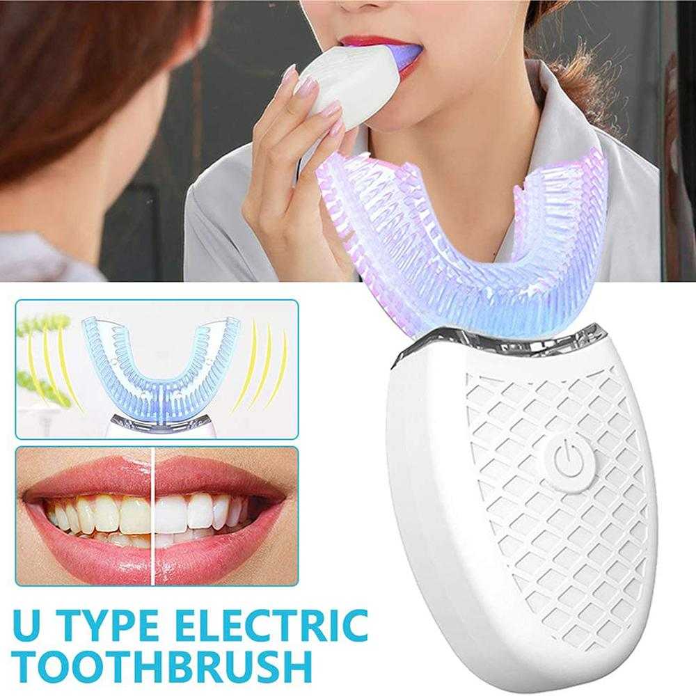 U-Shaped electric toothbrush with silicone bristles for automatic whitening and deep cleaning, highlighted by a hands-free design.