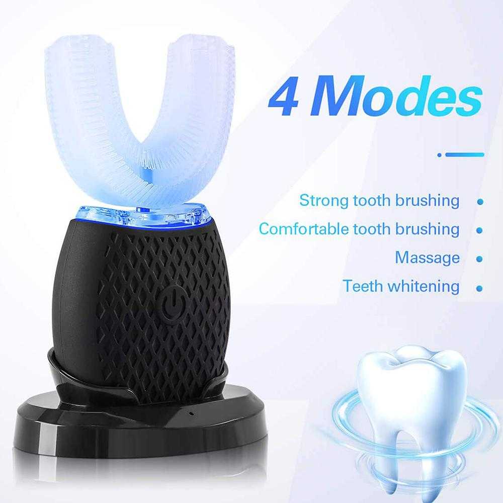 Silicone electric toothbrush with U-shaped design, four brushing modes, and smart automatic whitening feature.