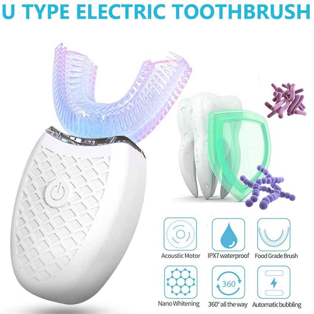 U-Shaped electric toothbrush with silicone bristles and IPX7 waterproof design for hands-free 360° cleaning.