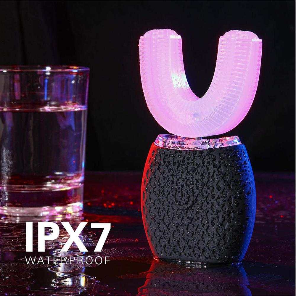 U-shaped electric toothbrush with silicone bristles, shown in a waterproof design.