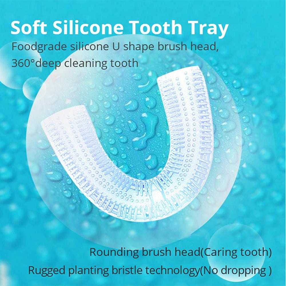Soft U-shaped silicone toothbrush tray with 360° deep cleaning and food-grade material.