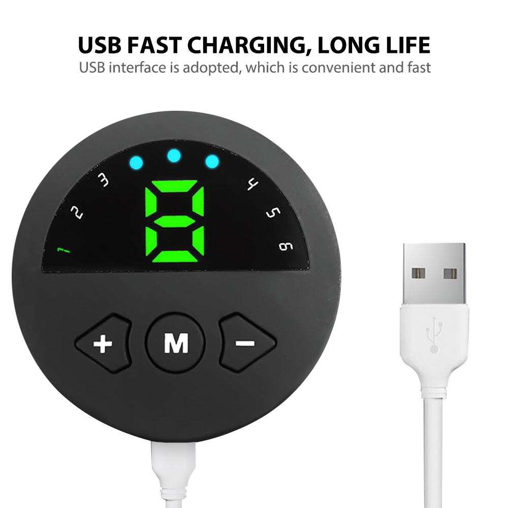 USB-charged EMS muscle stimulator control unit with digital display and buttons for fitness belt.