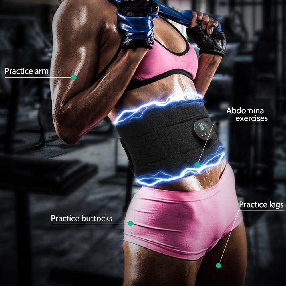 Smart EMS fitness vibration belt used during workout for abdominal muscle training and slimming.