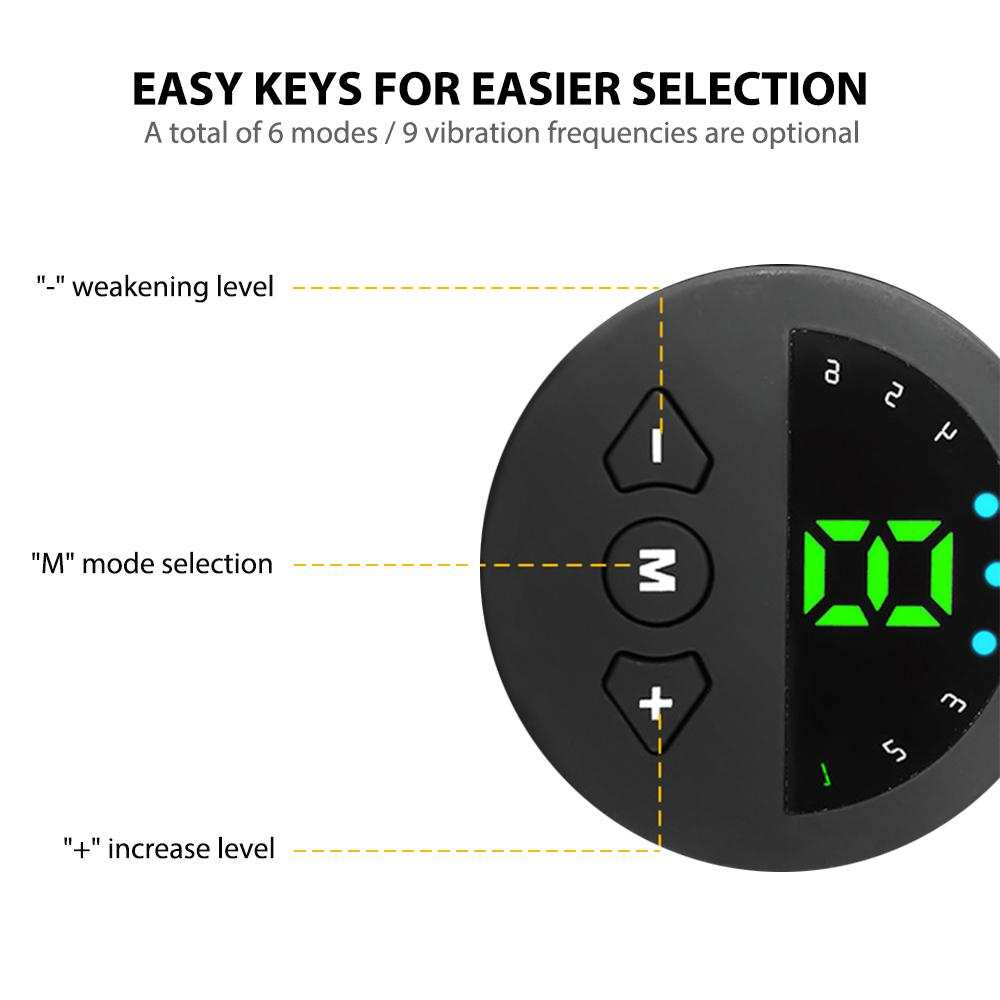 Smart EMS muscle stimulator with control keys for mode and vibration frequency selection.