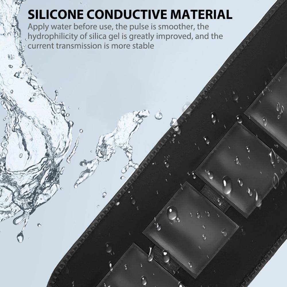 Smart EMS muscle stimulator belt with silicone conductive material for effective abdominal training.
