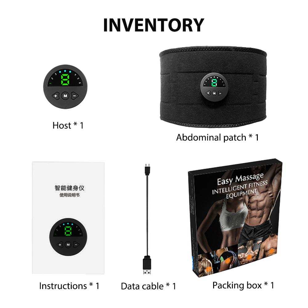 Smart EMS fitness vibration belt with host, abdominal patch, instructions, USB cable, and packaging.