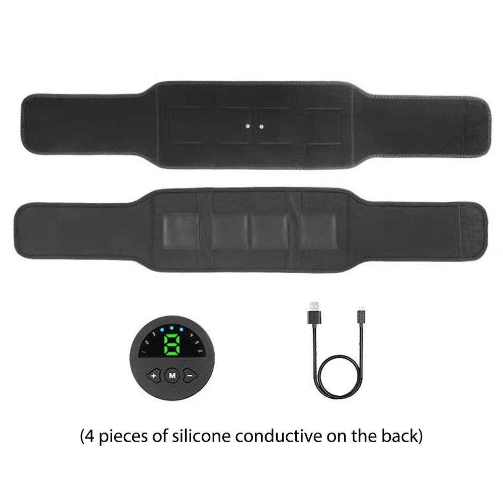 Smart EMS fitness vibration belt for abdominal training and muscle slimming with USB charging cable and instructions.