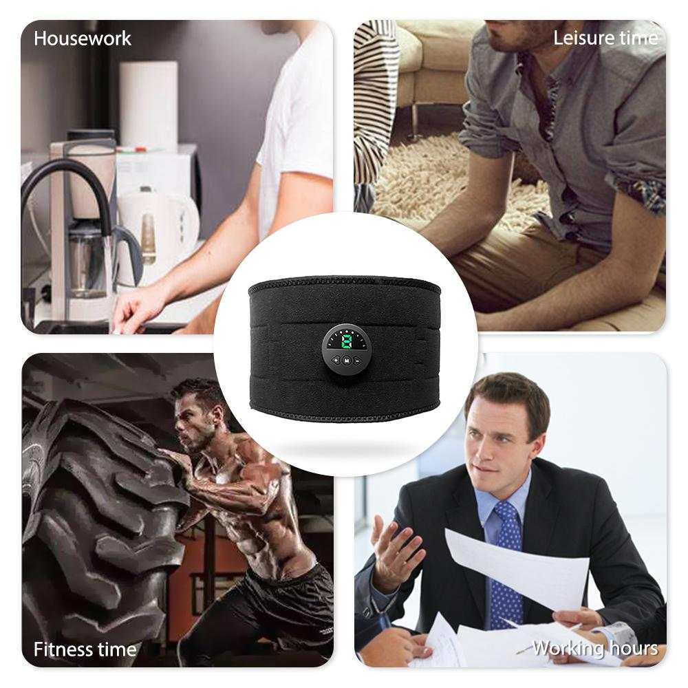 EMS muscle stimulator belt for fitness and slimming used during daily activities.