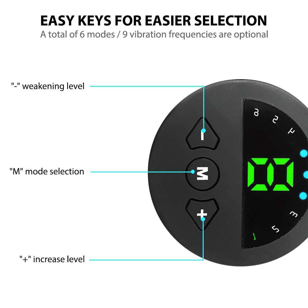 EMS muscle stimulator control panel with 6 modes and 9 vibration frequencies, featuring easy keys for mode and intensity selection.