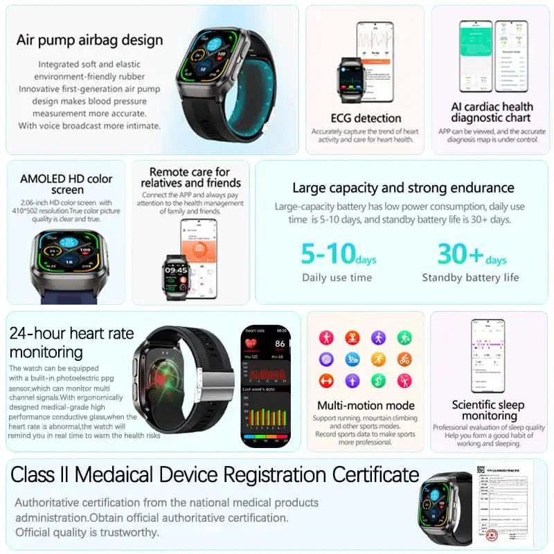 2025 New Nursing Level Health Airbag SmartWatch Men Uric Acid Blood Pressure Sport Watches IP68 Waterproof Smart Watches For Men