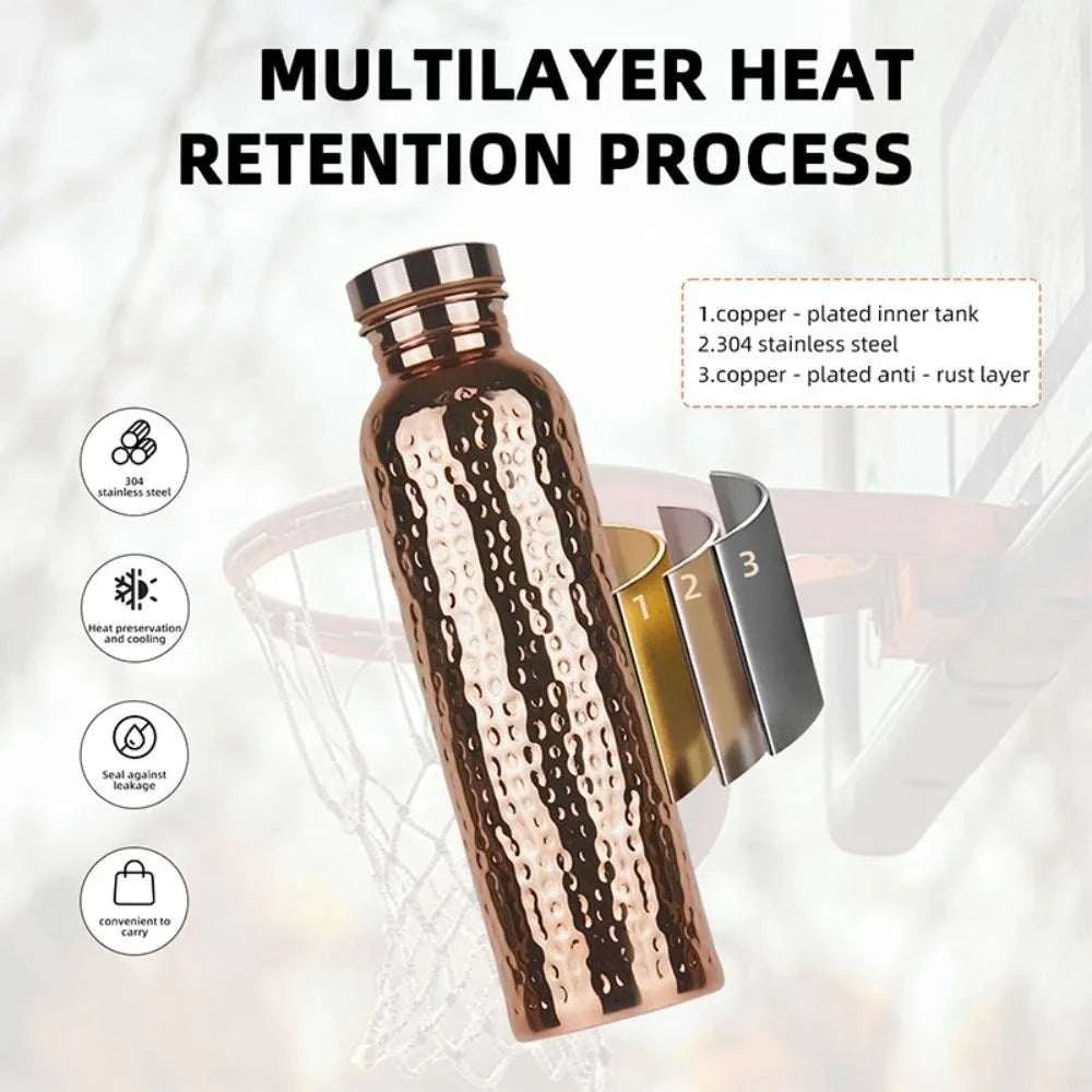 800ML Copper Water Bottle One-Click Open Lid Anti-Slip Silicone Base Leakproof Sports Bottle Thermal Insulation