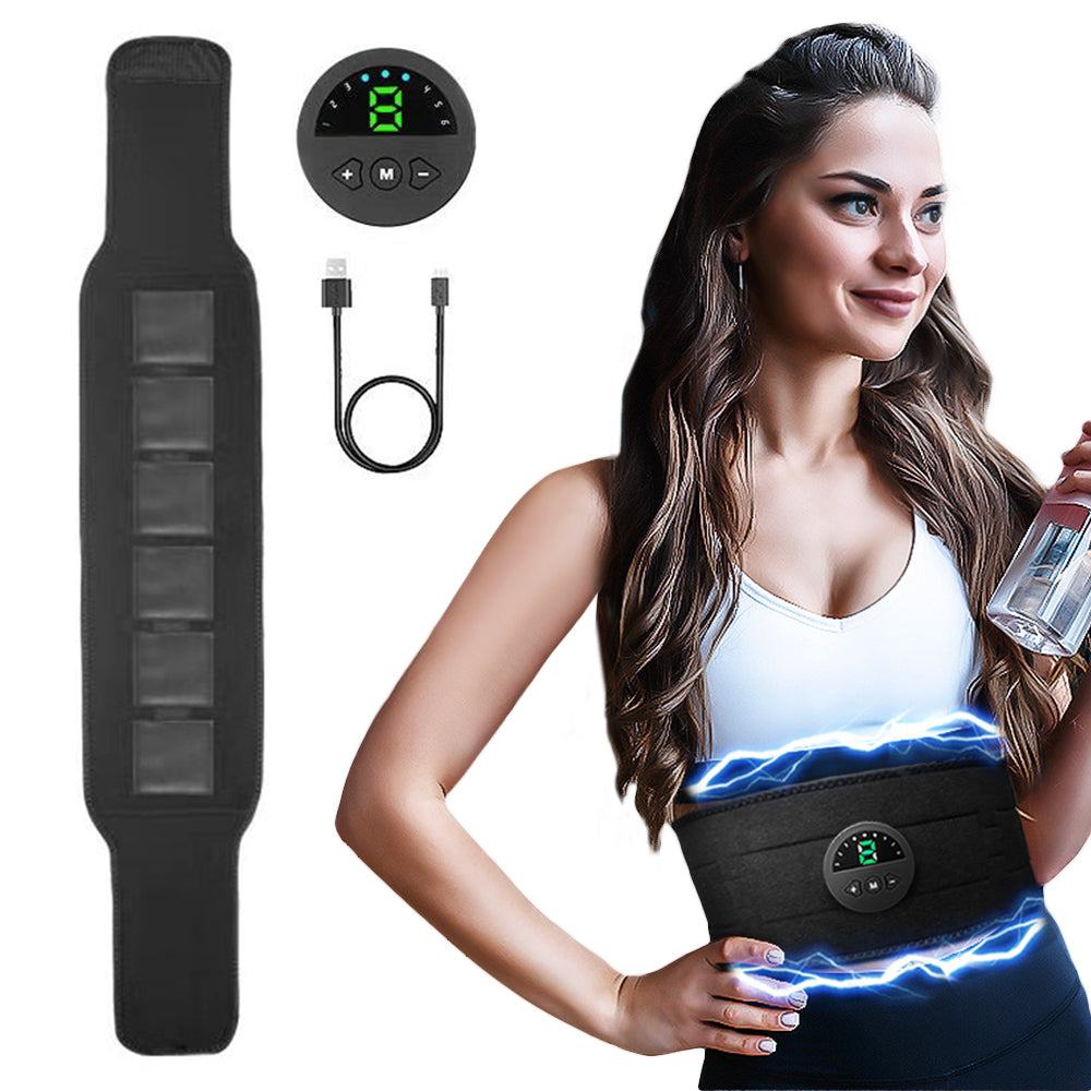 EMS muscle stimulator belt for abdominal training and slimming with USB charger and user manual.