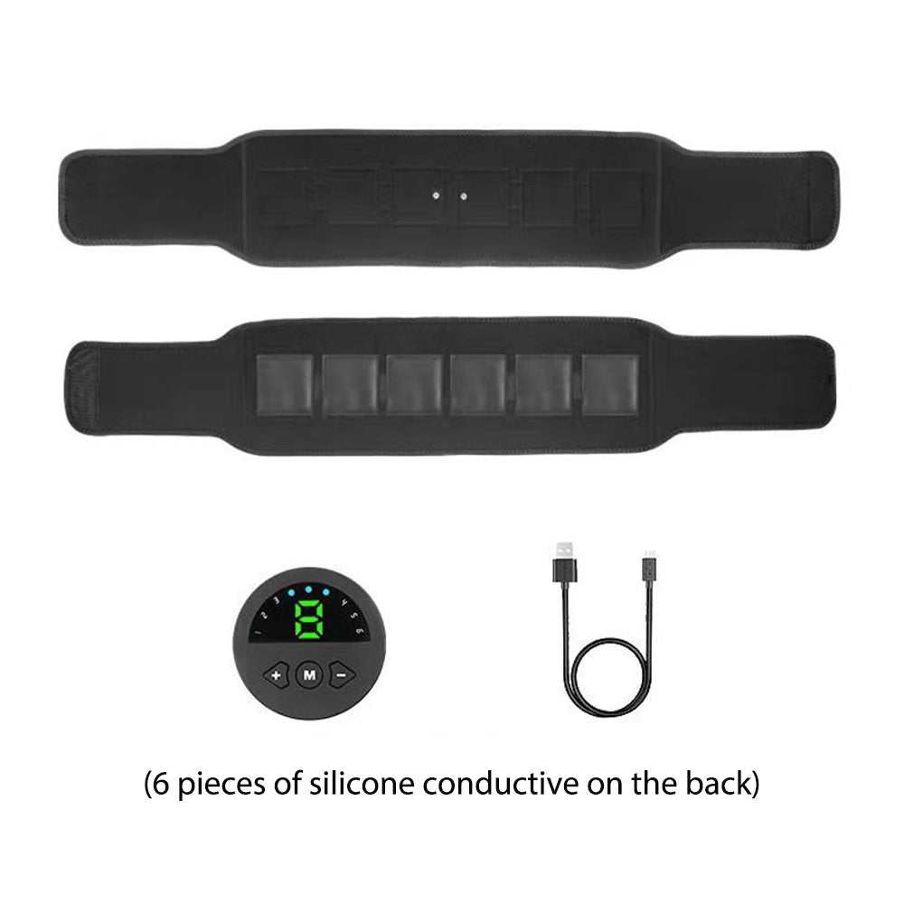 EMS muscle stimulator fitness vibration belt with 6 silicone conductive pieces, USB charging cable, and control panel for abdominal training and slimming.