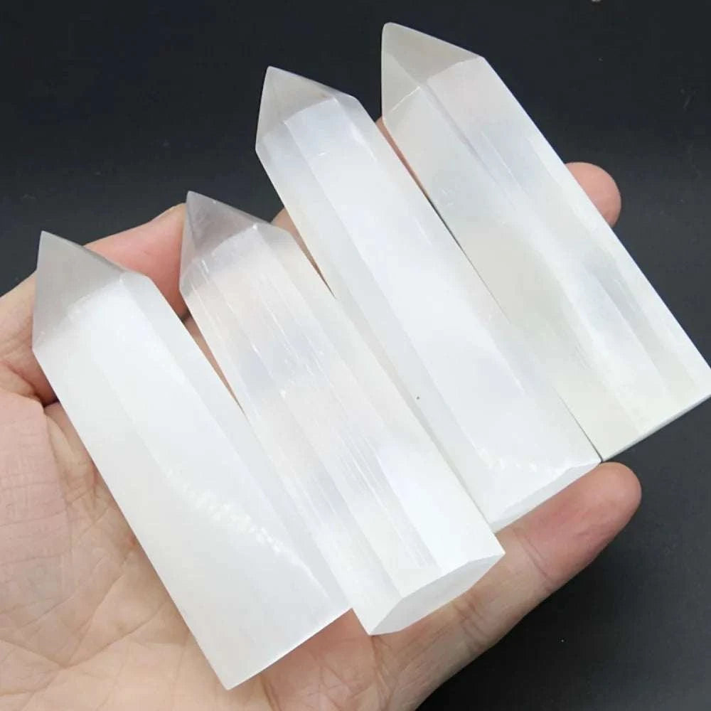 Natural Crystal Selenite Quartz Crystal Point Hexagonal Prisms Obelisk Wand Stone Smooth Polished Surface Home Decor