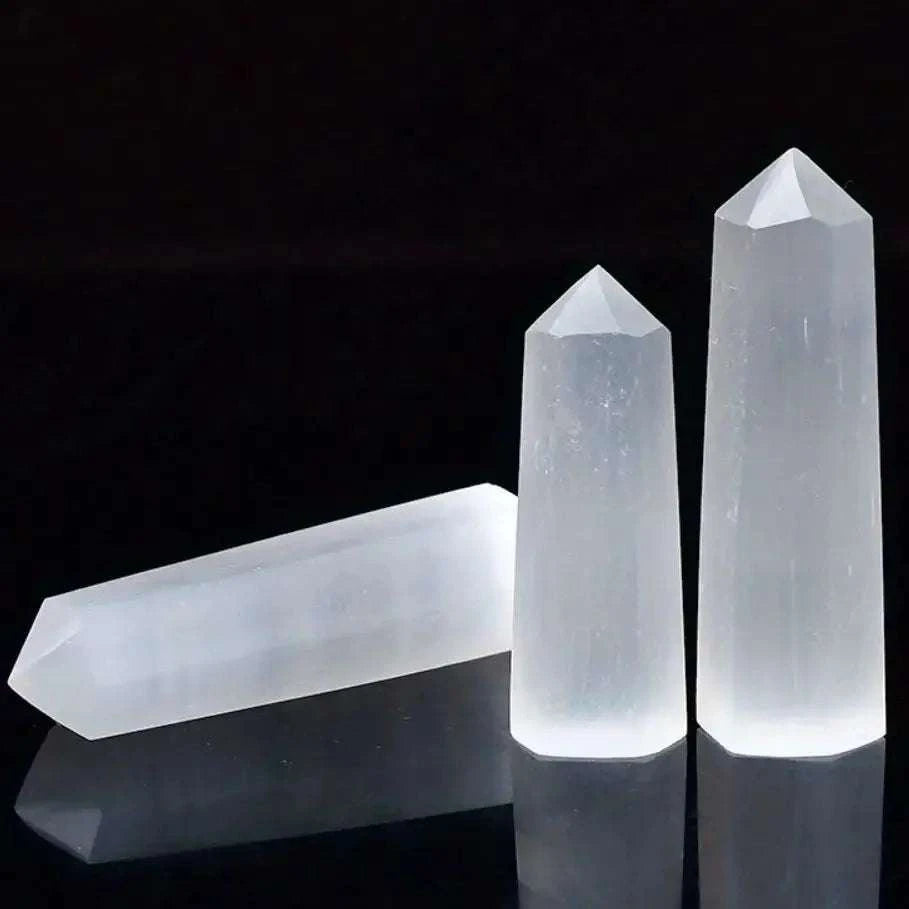 Natural Crystal Selenite Quartz Crystal Point Hexagonal Prisms Obelisk Wand Stone Smooth Polished Surface Home Decor
