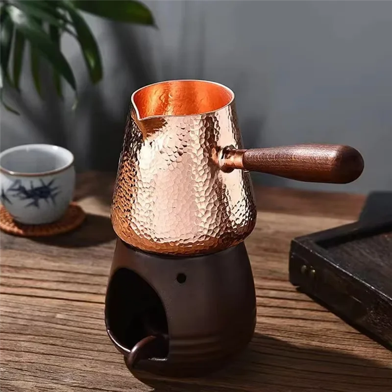 500Ml Pure Copper Latte Pitcher Milk Jug With Wooden Handle Kettles Hammer Handcraft Drinkware Tableware