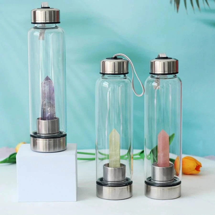 550ML Water Bottle Natural Crystal Stone Diamond Point Healing Obelisk Wand Elixir Quartz Crystal Gem Colors Water Bottle Home