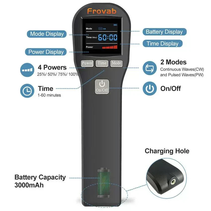 Handheld physiotherapy device with 808nm and 650nm cold laser therapy for pain relief.