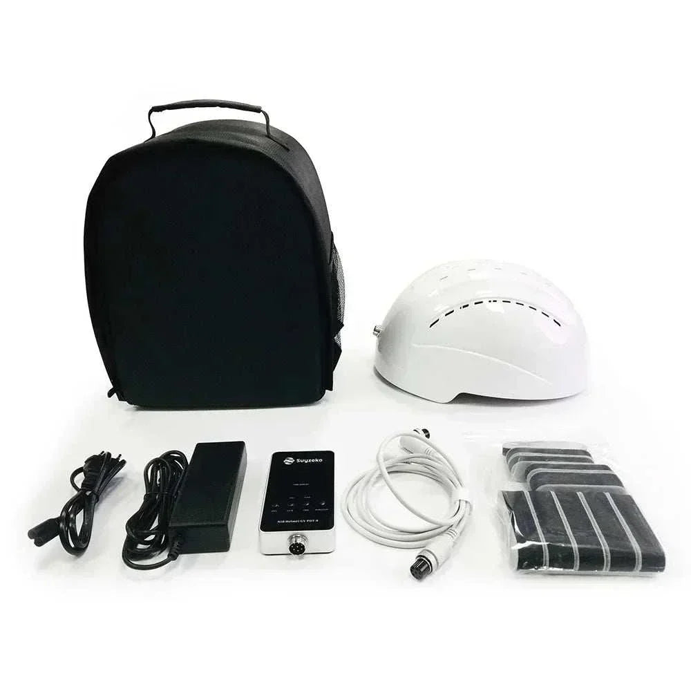 Infrared brain stimulation helmet with accessories for red light therapy.