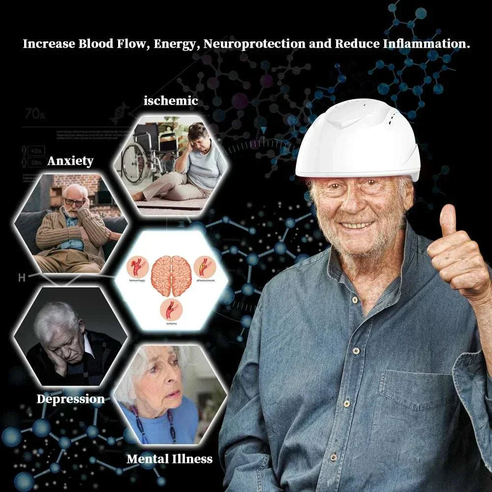 Red light therapy helmet for anxiety, depression, ischemic, mental illness treatment; increases blood flow, energy, neuroprotection; reduces inflammation.