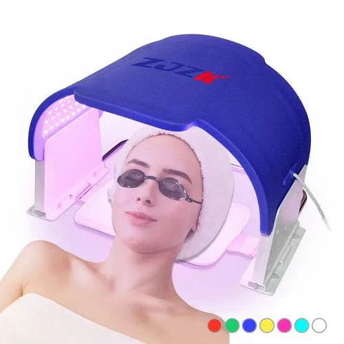 ZJZK LED light therapy face mask for tightening and rejuvenating skin, featuring multiple light colors, woman wearing mask.