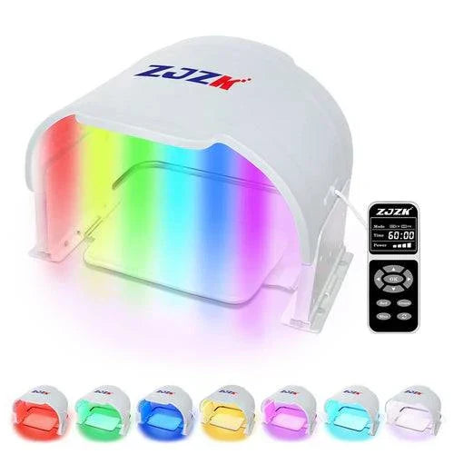 LED light therapy mask with seven colors, remote control, and silicone design for skin rejuvenation and anti-aging benefits.