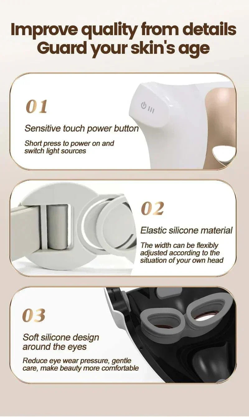 New Arrival Red Light Therapy Facial Mask Neck Photon 850nm Far with touch power button, elastic silicone, and eye comfort design.