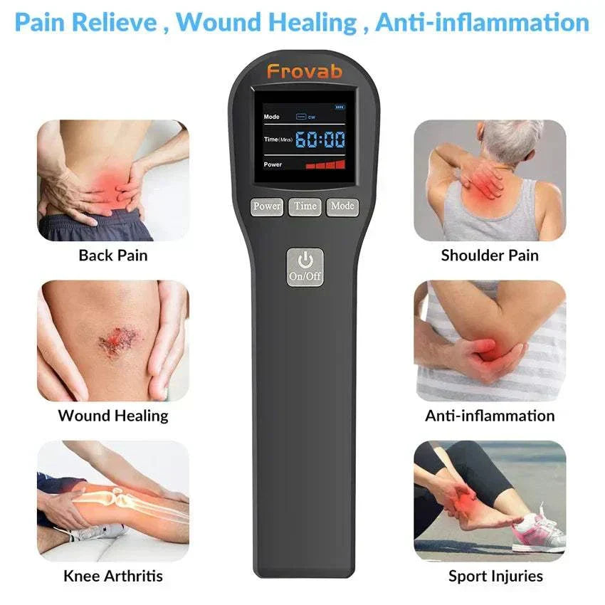 Handheld cold laser therapy device for pain relief, wound healing, and anti-inflammation with 4*808nm and 16*650nm infrared technology.