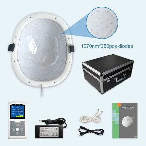 280 Diodes PBM Neuromodulacion Brain Wave Helmet with 1070nm Infrared Light Therapy, showing device, components, and carrying case.