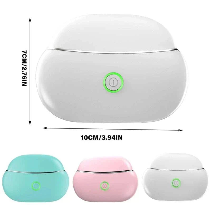 Portable EMS Gua Sha Face Massager with Light Therapy, three color options, dimensions 10cm x 7cm.