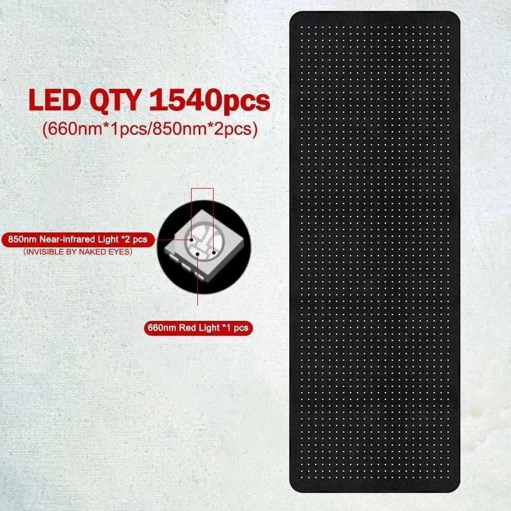 High irradiance red light therapy mat with 1540 LEDs, offering flicker-free 660nm and 850nm near-infrared wavelengths.