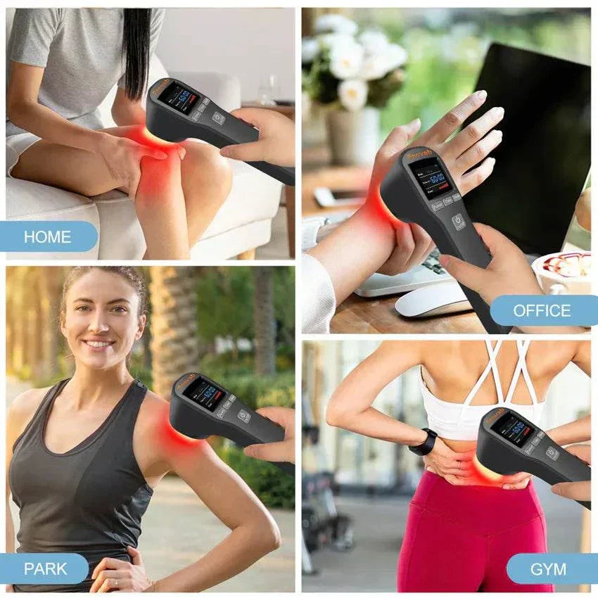 Handheld physiotherapy device for pain relief with red and infrared laser therapy, suitable for home, office, park, and gym.