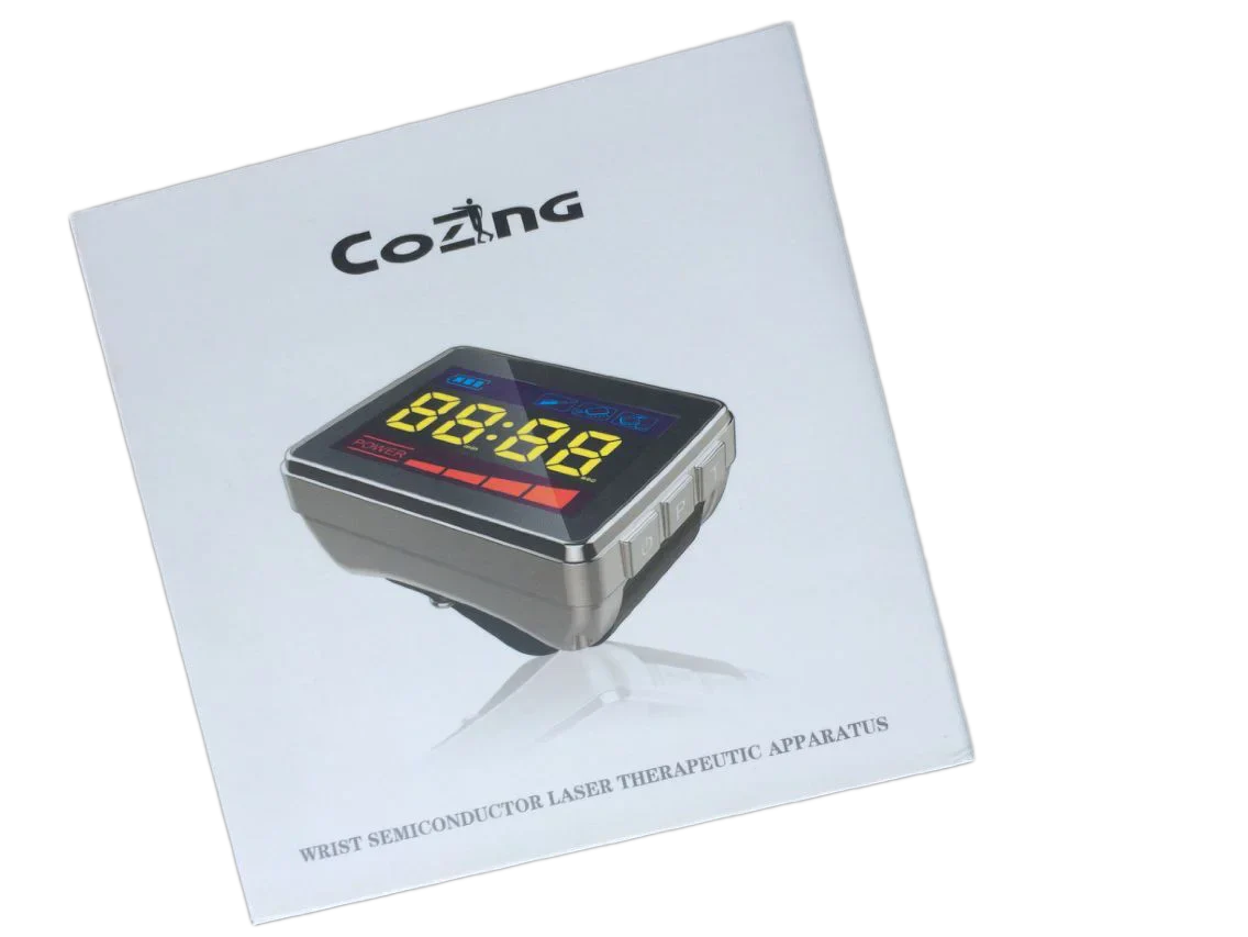 Cold laser therapy device for wrist, featuring a digital display, used for physical and thermal energy treatments.