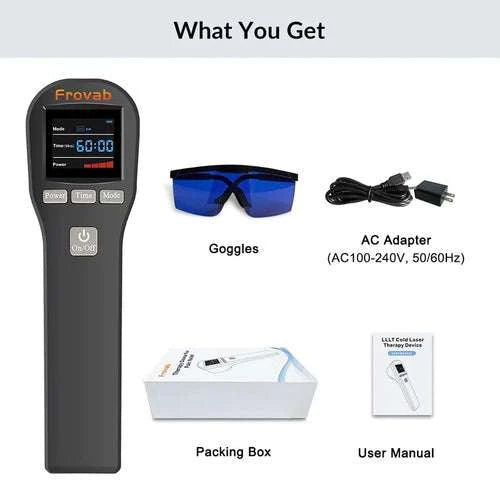 Handheld cold laser therapy device with LCD display, goggles, AC adapter, packing box, and user manual.
