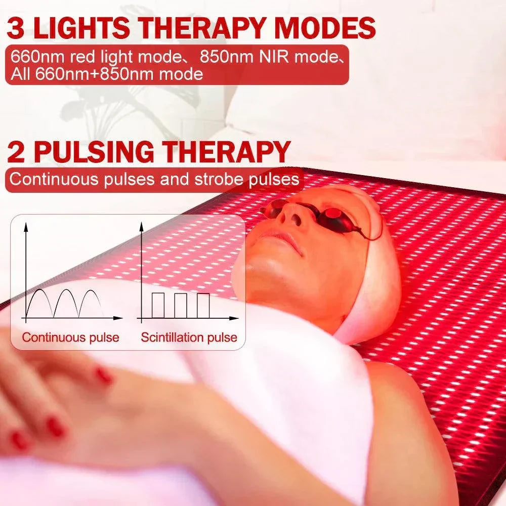 Red light therapy mat with 3 therapy modes and 2 pulsing options in use.