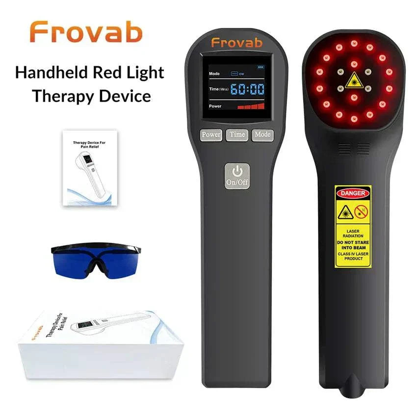 Handheld red light therapy device for pain relief with display, protective goggles, and packaging.