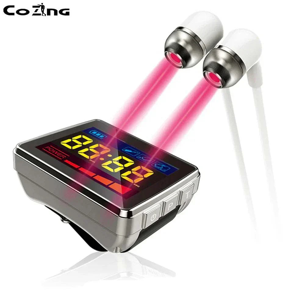Cold laser therapy device with digital display and dual applicators for ear and nose.