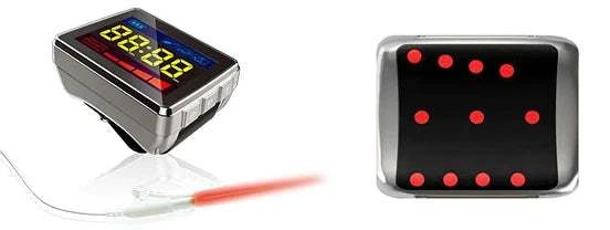 Cold laser therapy device with digital display and red laser diodes for physical therapy.