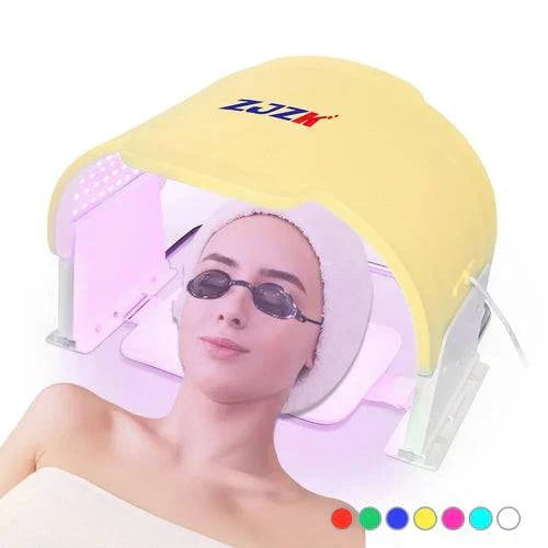 Red light therapy mask for facial rejuvenation with adjustable LED colors.