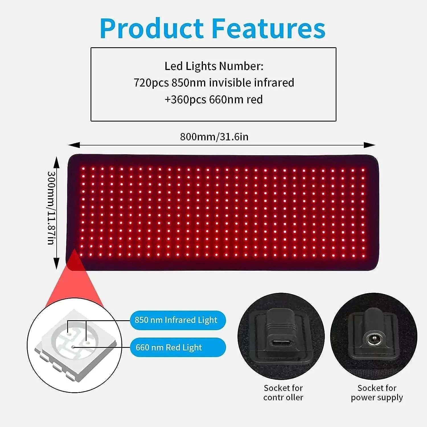 360pcs LED Red Light Therapy Area for Pain Relief 660nm 850nm Red Infrared Light Pad for Waist, Back, Abdomen, Knees, Wrists Mus
