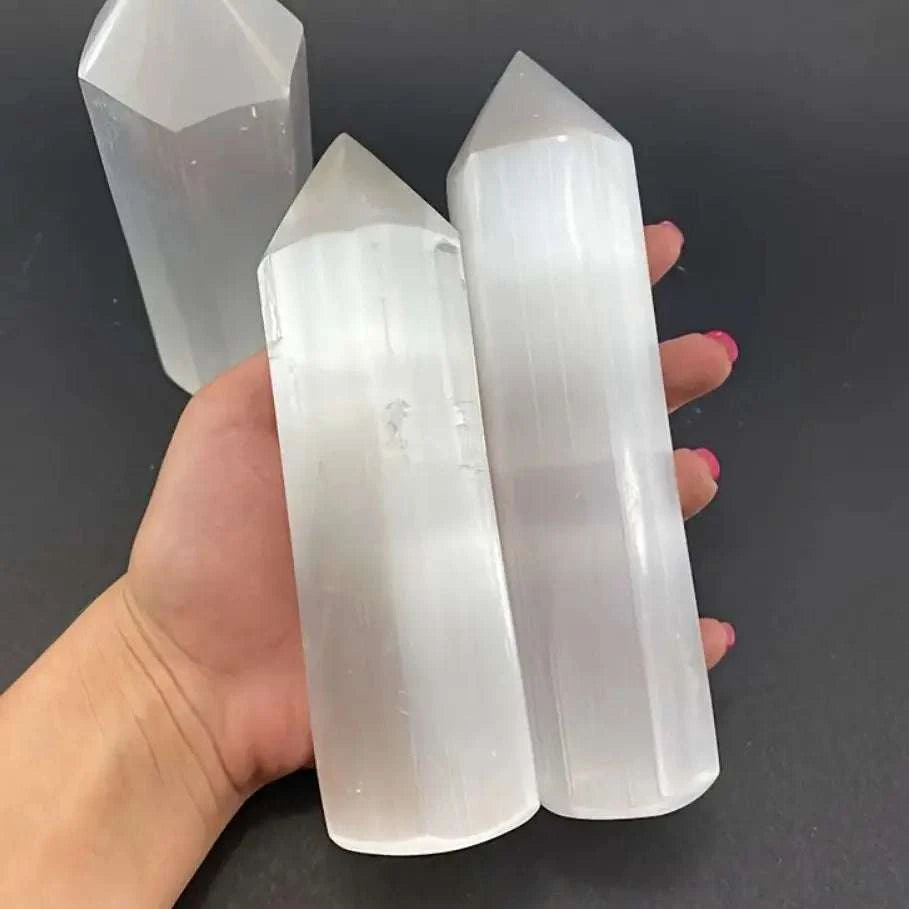 Natural Crystal Selenite Quartz Crystal Point Hexagonal Prisms Obelisk Wand Stone Smooth Polished Surface Home Decor