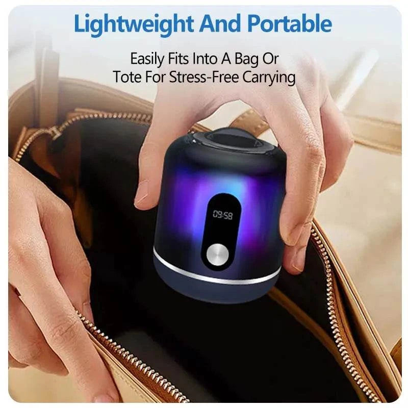Hand holding a small, portable device with a digital display, placed inside an open bag.