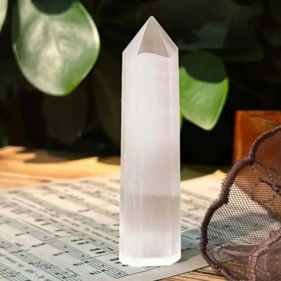 Natural Crystal Selenite Quartz Crystal Point Hexagonal Prisms Obelisk Wand Stone Smooth Polished Surface Home Decor