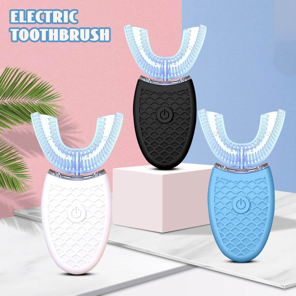 U-shaped silicone electric toothbrush for adults in black, blue, and white, featuring 360° automatic whitening.